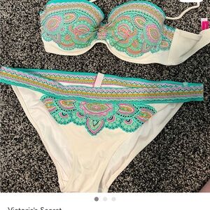 Victoria's Secret Cream and Green Women's Swimwear BOTTOM ONLY